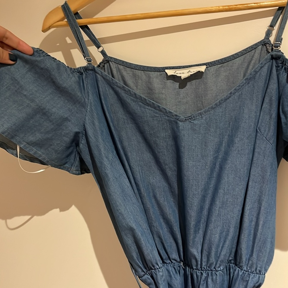 Love Tree chambray ruffled belted sleeveless mini dress sz M - Picture 4 of 8